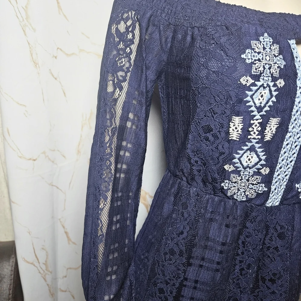 Elegant Navy Lace Embroidered Women's Top